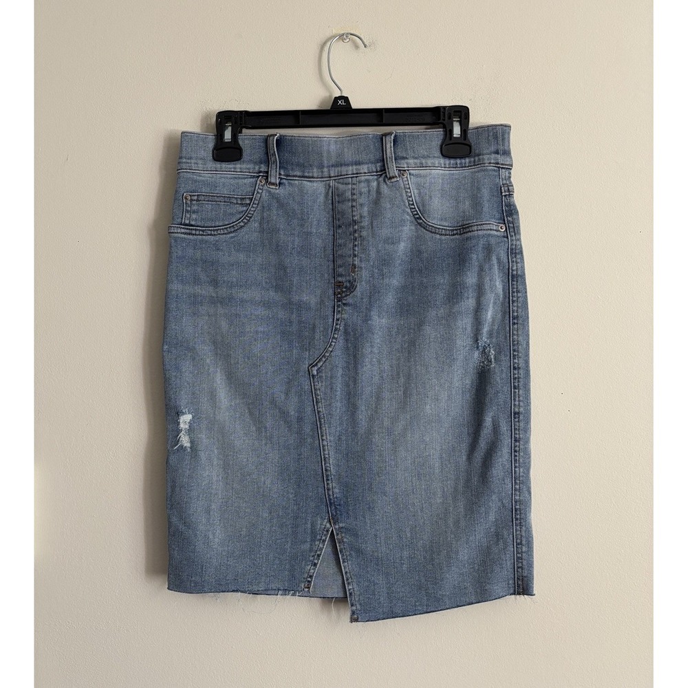 Spanx Denim Light Wash‎ Distressed Knee Length Jean Skirt Stretch Elastic Slit M